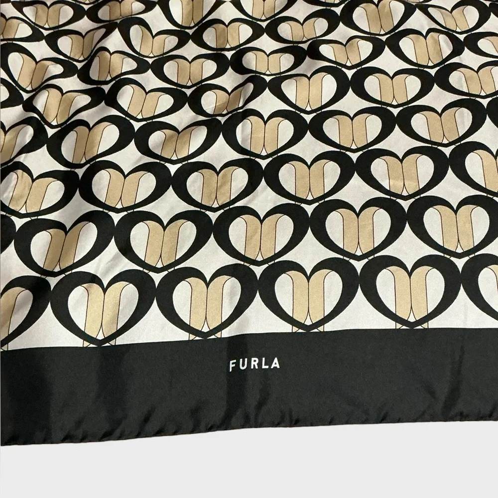 Furla Heart Print Square Scarf Black Cream Bandana Neck Scarf 23” Designer